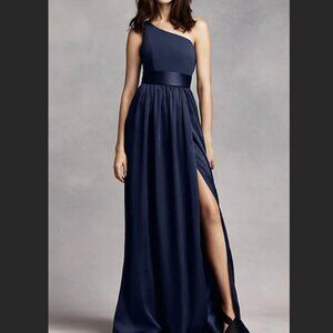 Vera Wang White One Shoulder Dress with Satin Sash - Navy Blue - Size 6